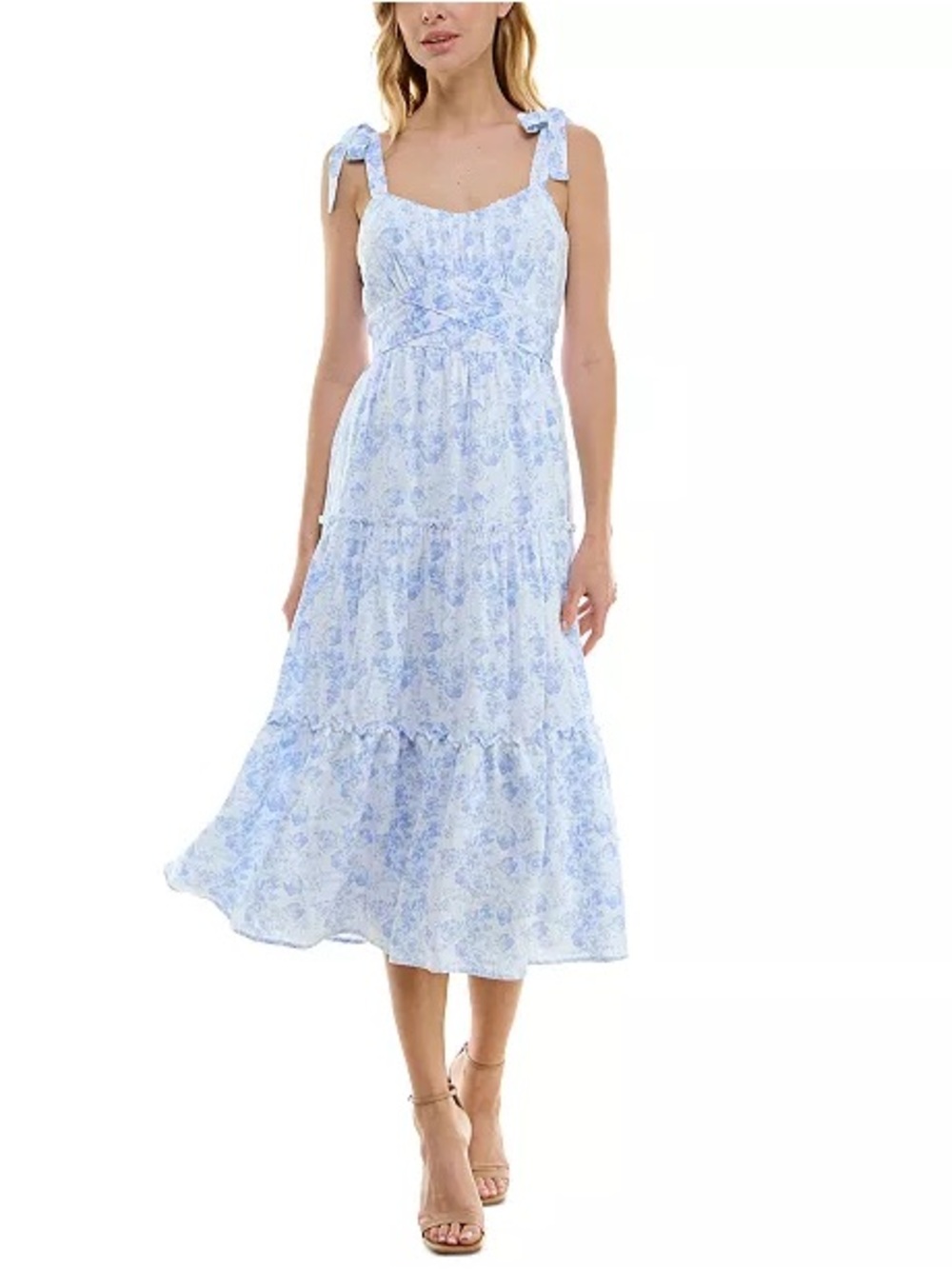 Trixxi Tied Ruffle Fit & Flare Midi Dress size medium blue white cottagecore